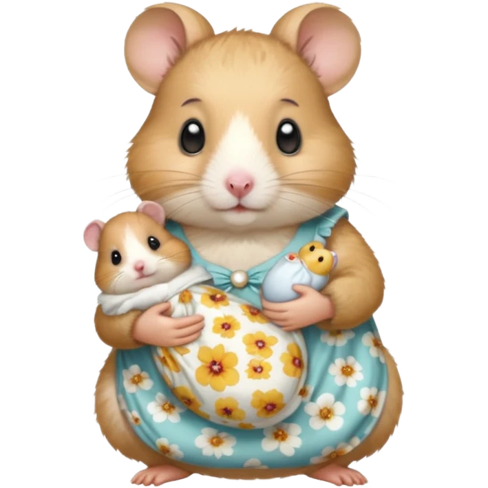 Mama white pretty hamster girl wearing floral dress holding a baby hamster wearing nappy and dummy emoji