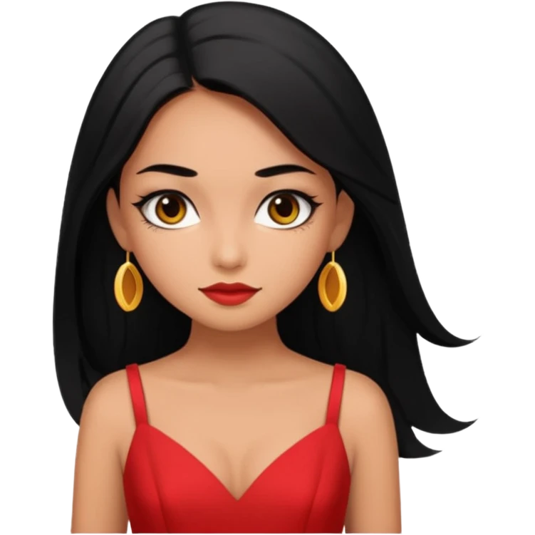 Chica con delineado con vestido rojo escotado en la espalda y pelo semi largo negro  emoji
