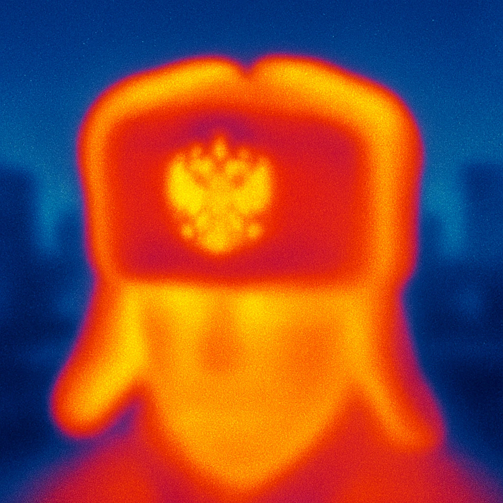 Russian ushanka hat with the emblem of Russia in a city background emoji
