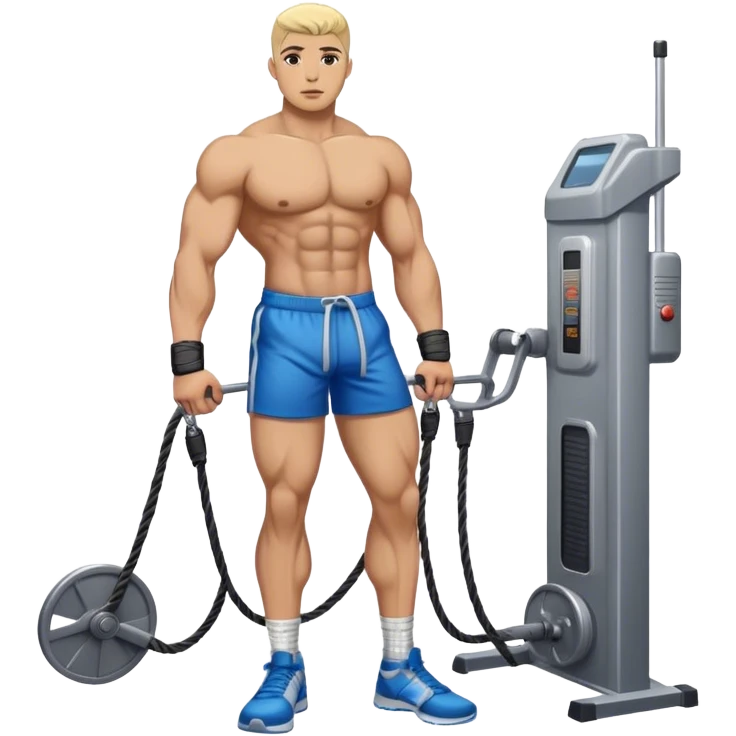 athlete standing next to cable-machine with cable tied to ankle cuffs emoji