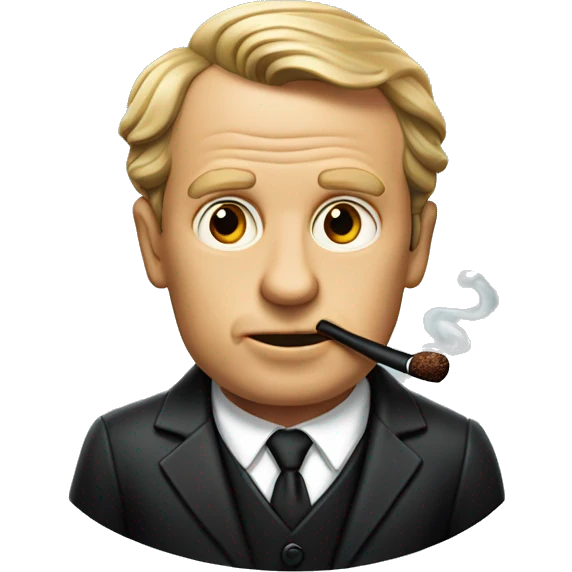 David Ogilvy wearing a black suit while in his mouth he has a classic tabaco pipe  emoji
