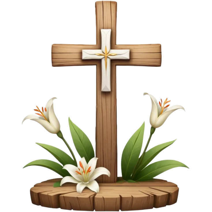 A wooden cross with lilies around the base emoji
