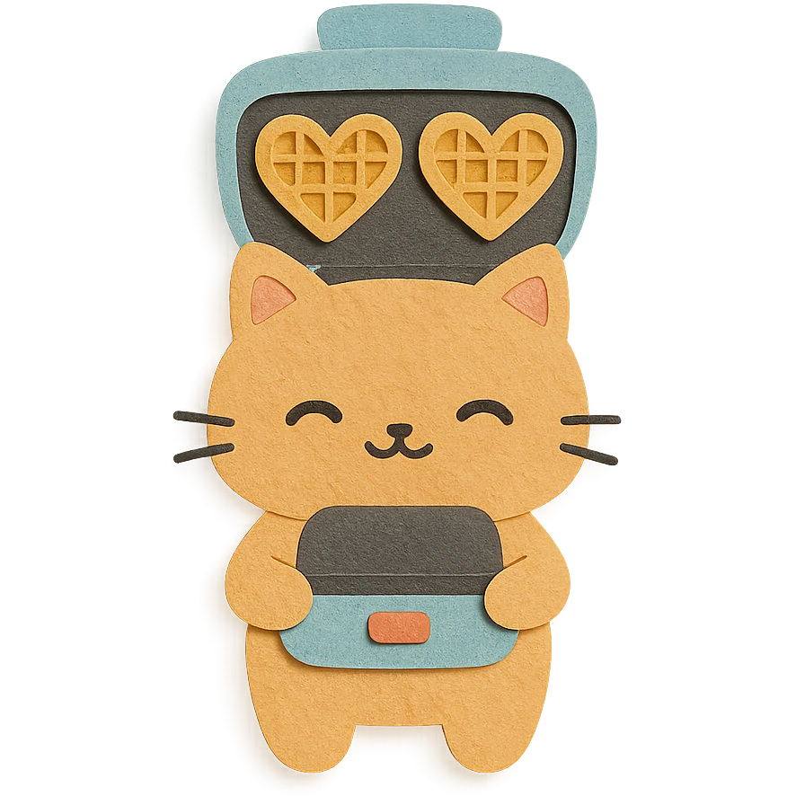 chibi waffle maker cat showing heart-shaped waffles, pastel orange, full-body emoji
