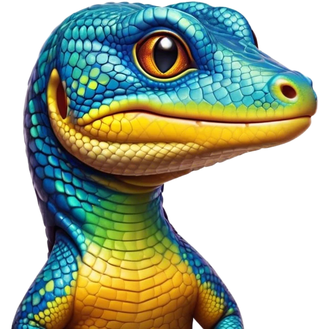 Cinematic Cute Monitor Lizard Portrait Emoji, Head tilted playfully and inquisitively, with a sleek, patterned body accented by vibrant hues and round, sparkling eyes full of wonder, Simplified yet irresistibly adorable features, highly detailed, glowing with a warm, friendly glow, high shine, affectionate and lively, stylized with a touch of exotic charm, bright and endearing, soft glowing outline, capturing the essence of a mischievous yet captivating lizard that seems as if it could scuttle out of the screen into your arms! emoji