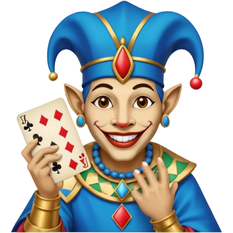 crazy colorful egyptian anubi jolly joker from poker, medieval, vintage, court jester, mac os icon, blue color, holds a single poker card on the right paw emoji