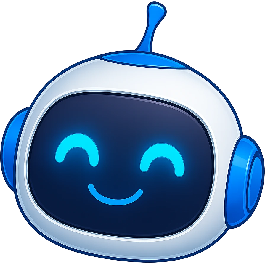 Create an image of a robot head only, matching the style and colors of the reference robot which is blue and white, with glowing blue eyes. The robot head should look cute and friendly. No background, transparent background preferred. emoji