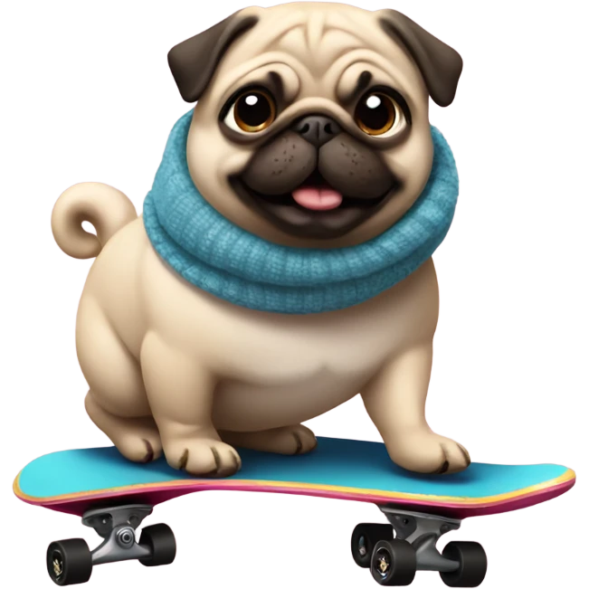 A chubby pug riding a skateboard with heels and a scarf emoji