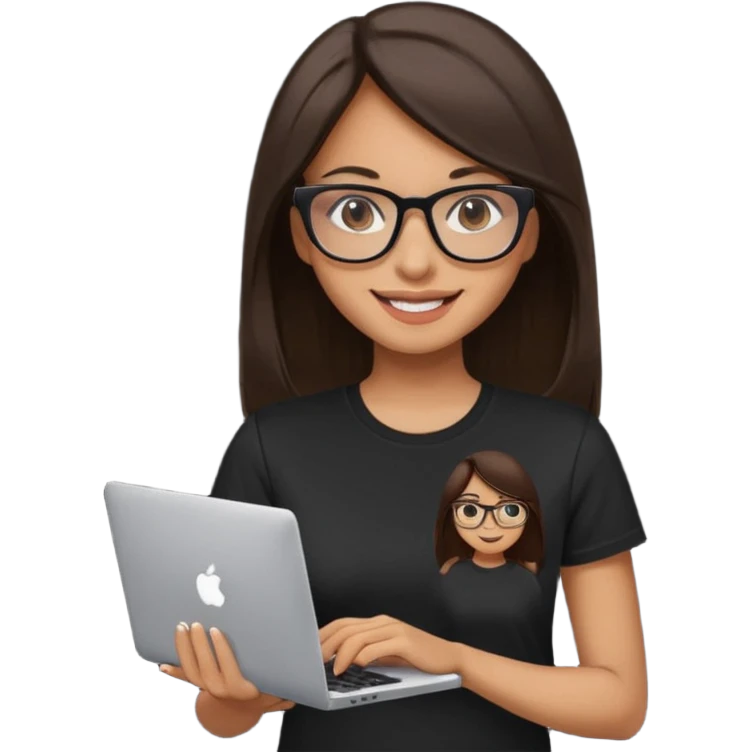woman with tan skin, long straight dark-brown hair and glasses, smiling and holding mac computer, wearing black t shirt emoji
