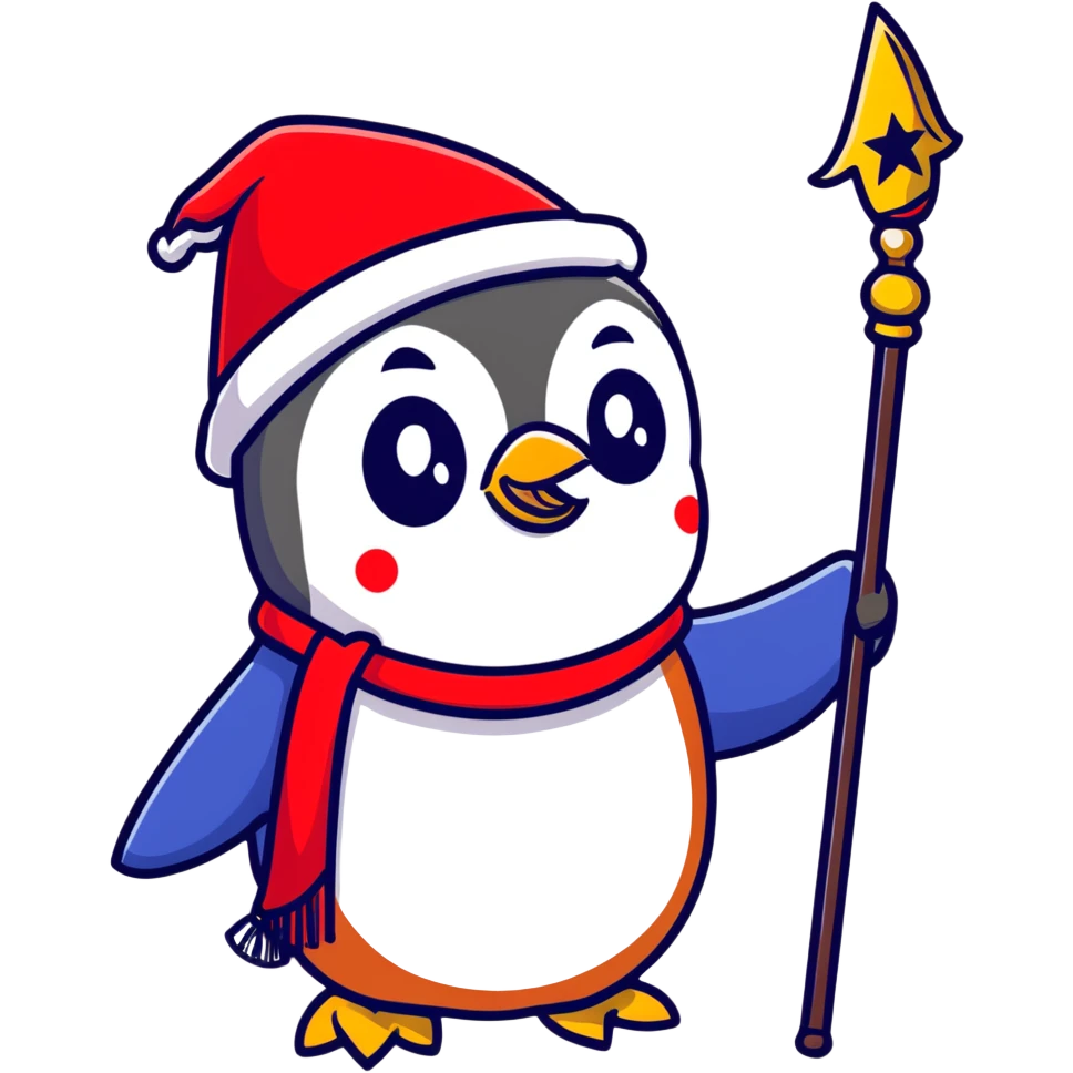 Penguin wizard with Russian beard, star-covered hat, and red magical staff emoji