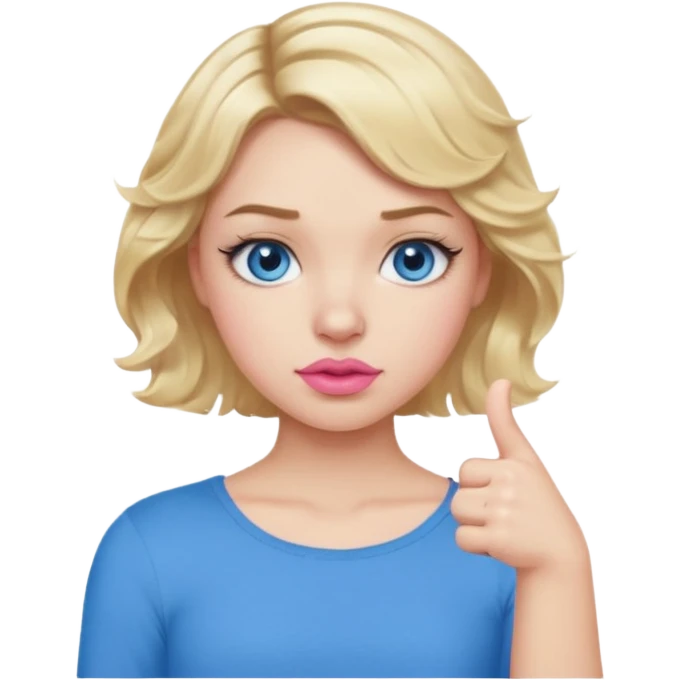 Girl Blonde short wavy hair,  blue eyes, cute blue top, long lashes, pink lips, showing thumbs down 👎  emoji