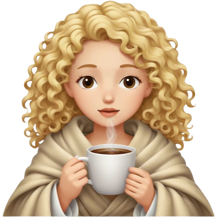 White girl blonde curly hair inside a blanket sipping coffee eyes closed emoji