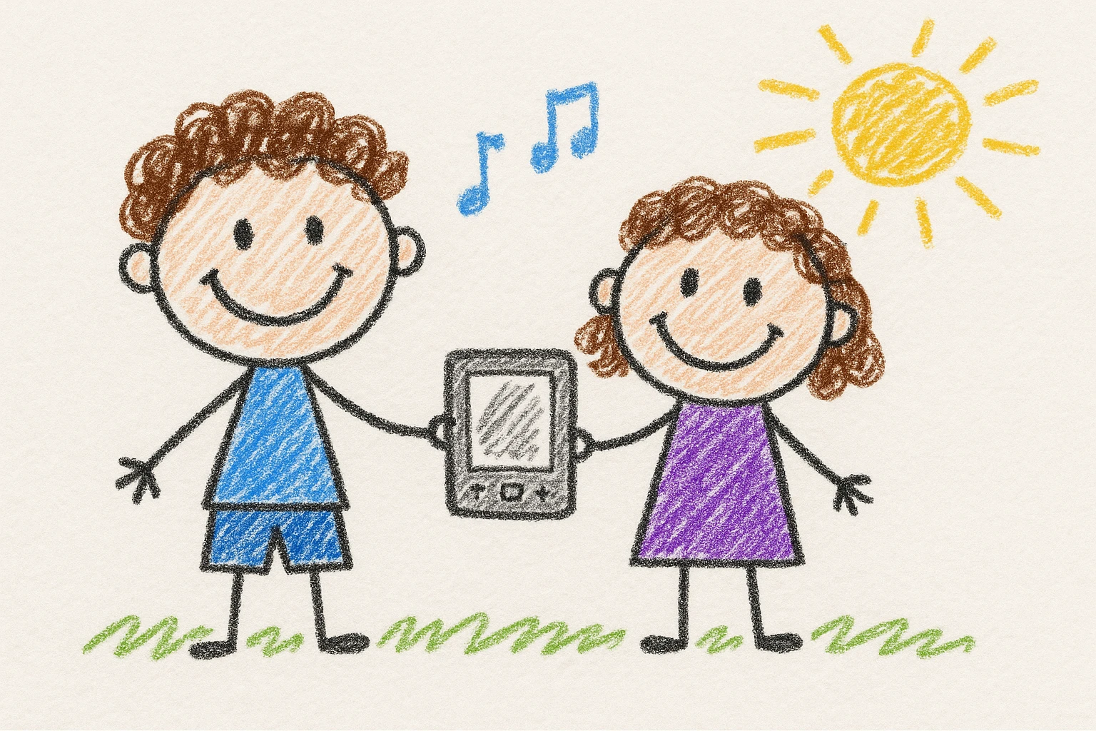 Two children, a boy (6) and a girl (4) with brown curly hair, enjoying music from an iPad, in children's doodle style emoji
