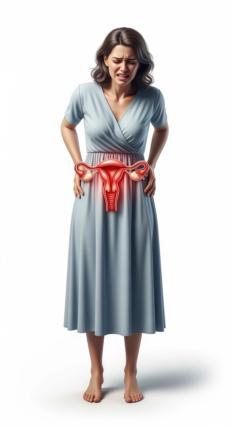 donna a figura intera con utero umano realistico in evidenza dolorante, espressione di dolore in volto, sfondo bianco, non farla computerizzata, ma iperrealistica 4k emoji