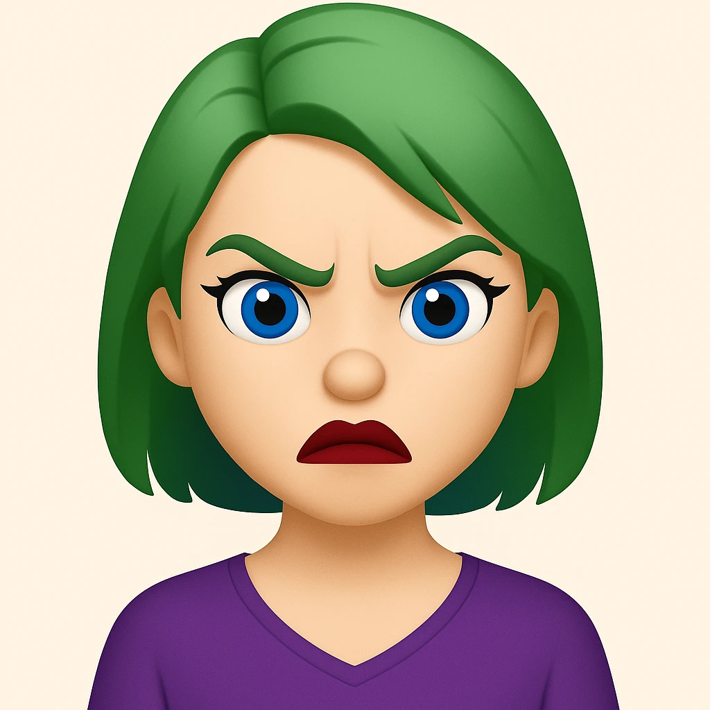 Edit the image of a girl with green hair and angry expression to have blue eyes and dark red lipstick in an emoji style. emoji