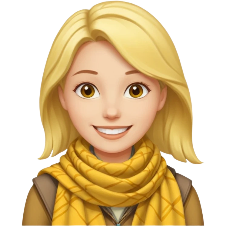 woman smiling wearing yellow Pathfinder scarf on neck emoji