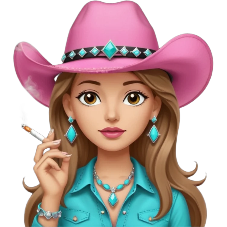 White girl, black cowboy hate with turquoise hat band sparkling, long brown straight hair, pink and black western shirt, smoking a joint,  big diamond earrings emoji
