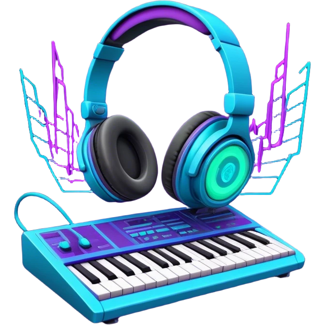 Create a creative and technical emoji that represents sound design. The design should feature a soundwave, a pair of studio headphones, and an audio synthesizer or soundboard to symbolize the manipulation and creation of unique soundscapes. Add subtle elements like audio cables, a mixing console, or a waveform to reflect the technical aspect of sound design. Use vibrant, futuristic colors like neon blue, purple, and green to represent innovation and creativity in sound. The background should be transparent. emoji