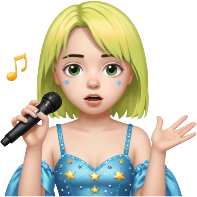 bille elish is singing, 2 hands holding mirco and twinkle dresss emoji