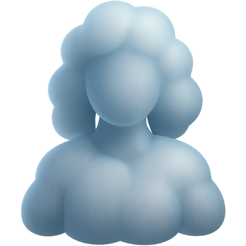 front view, person made of white convex fluffy clouds, shoulder length, matte glass style emoji