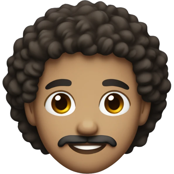 white skin young guy with brown eyes and wavy/curly hair in black leaning to brown color. with goatee and a mustache emoji