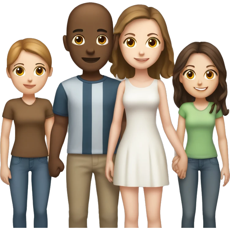 Two girls and one guy holding hands, both girls white skin, one girl brown hair, other girl no hair, guy is standing in the middle and has short brown hair emoji