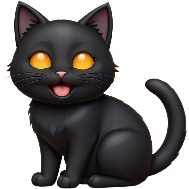 Cinematic Cute Black Cat Portrait Emoji, Head tilted playfully and yawning, sleek black fur with subtle hints of dark gray, Simplified yet adorable features, highly detailed, glowing with a warm, friendly glow, high shine, curious and affectionate, stylized with a touch of whimsy, bright and alert, soft glowing outline, capturing the essence of a mischievous yet loving kitten, so endearing it feels like it could leap out of the screen and stretch! emoji