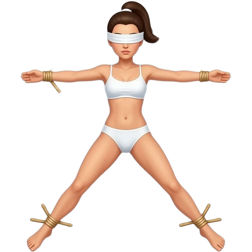 woman in blinfold, in white underwear, with ponytail, on bed, with arms and legs tied apart shibari emoji