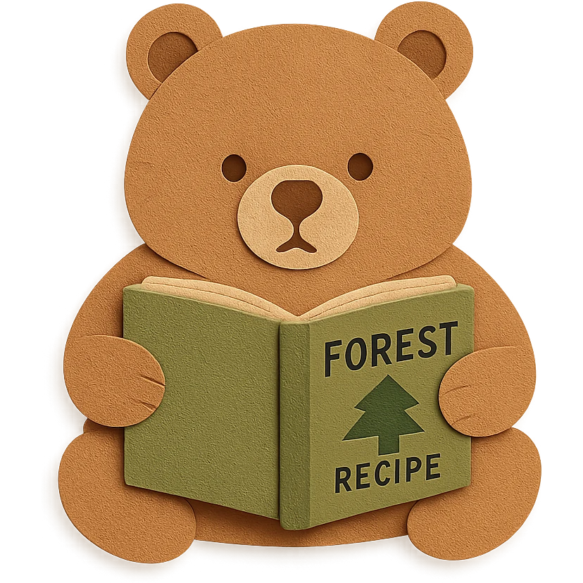 chubby bear reading a forest recipe book, muted warm tones, paper-craft style emoji