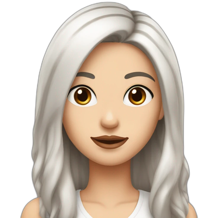 One white women with long dark brown hair and long eyelashes dark brown eyes and thick dark brown eyebrows with one black dog with a white stripe on the neck and ears raised up emoji