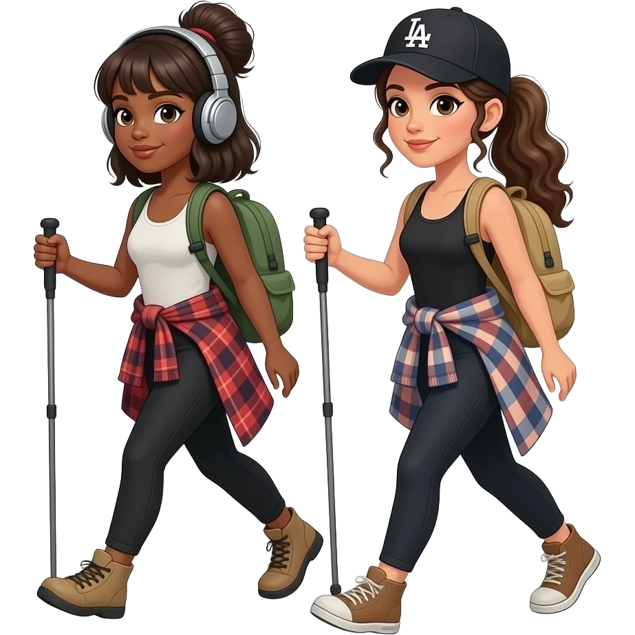 A black woman with bangs, a messy bun, headphones and shoulder length hair and a Hispanic Woman with dark blonde wavy hair in a ponytail wearing a black LA hat hiking in the woods. Both wearing comfortable black leggings, tank tops and flannel emoji