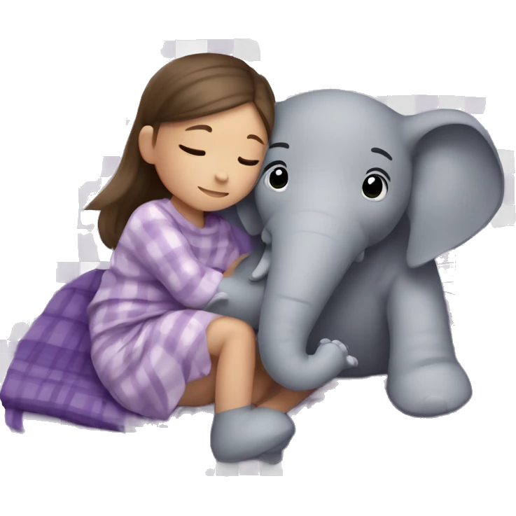 A little girl with brunette hair in two French braids laying in a bed wrapped in a plaid purple blanket hugging a stuffed gray elephant.  emoji