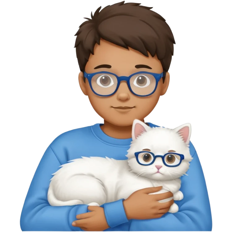 A boy wearing a sweatshirt and glasses holding a white cat emoji