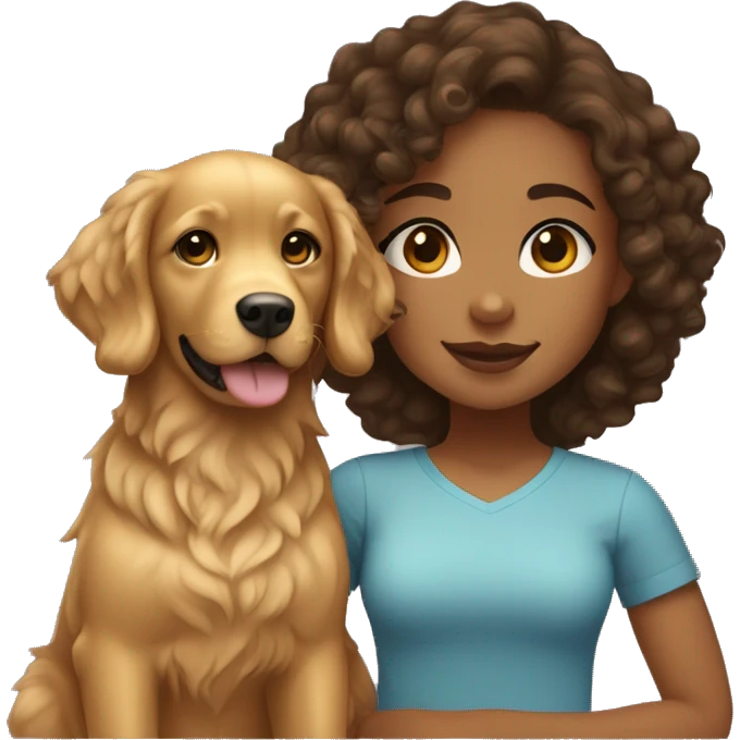 Mixed skin girl with  curly hair with a golden retriever puppy emoji