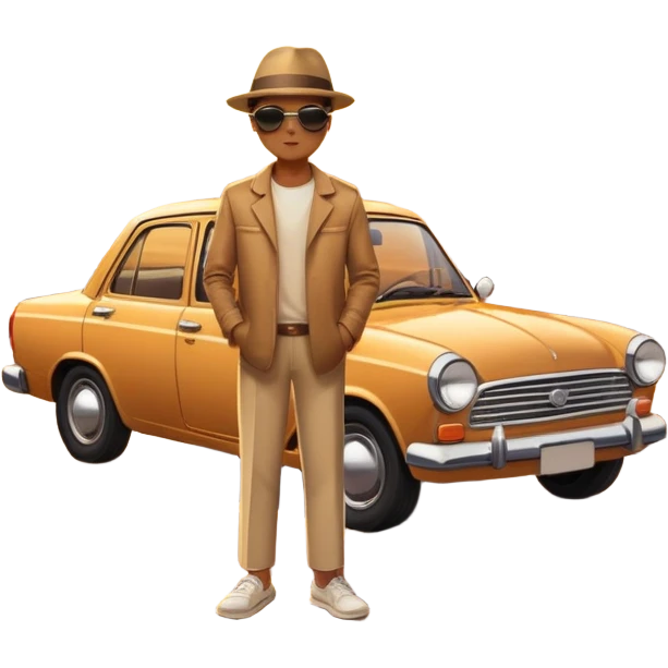 A parked car rests on the side of a long with a person outside , empty road stretching toward a golden sunset. The sky glows with warm colors, and the landscape ahead feels open, peaceful, and full of promise. emoji