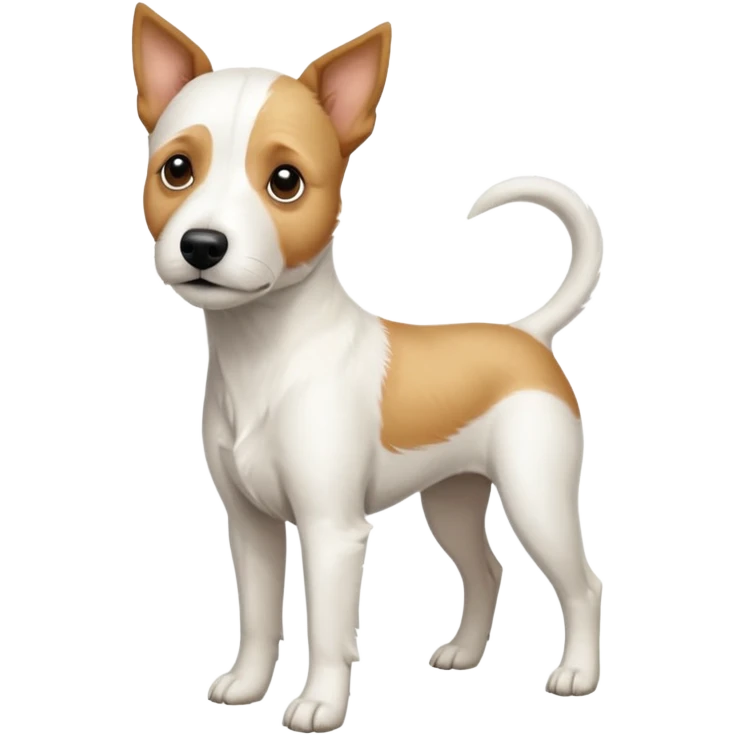 a full body facing front on of a buff white parson russell terrier looking dog the size of a kelpie with light brown long ears and a light brown patch on one eye and a large snout. the rest of the dog is completely white.  emoji