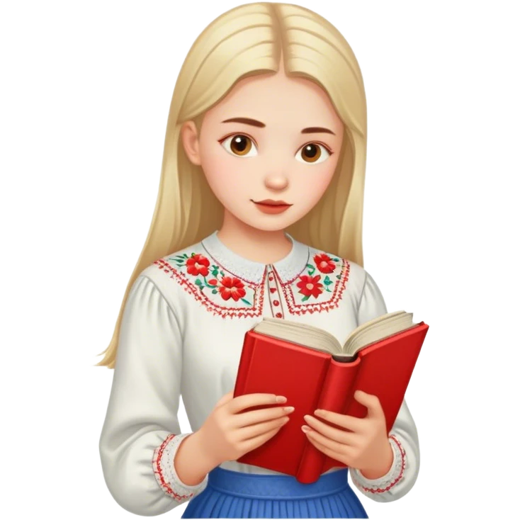 A Ukrainian girl in an embroidered shirt reads a red book emoji