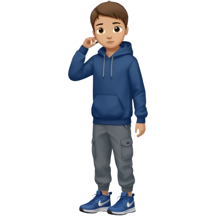 boy with brown hair light skin dark blue hoodie black cargo pants grey nike shoes emoji