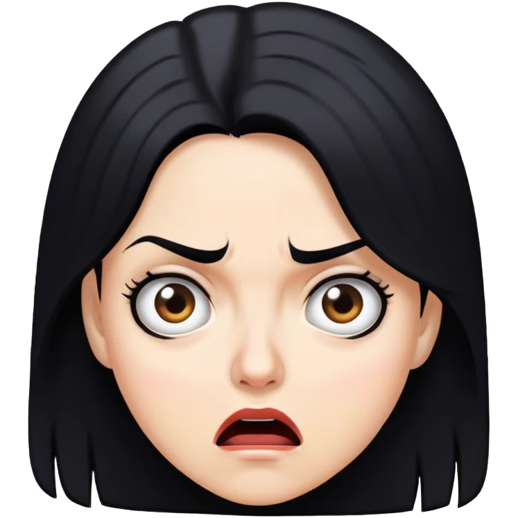 white woman black hair with face of shock, fear, and a raised eyebrow emoji