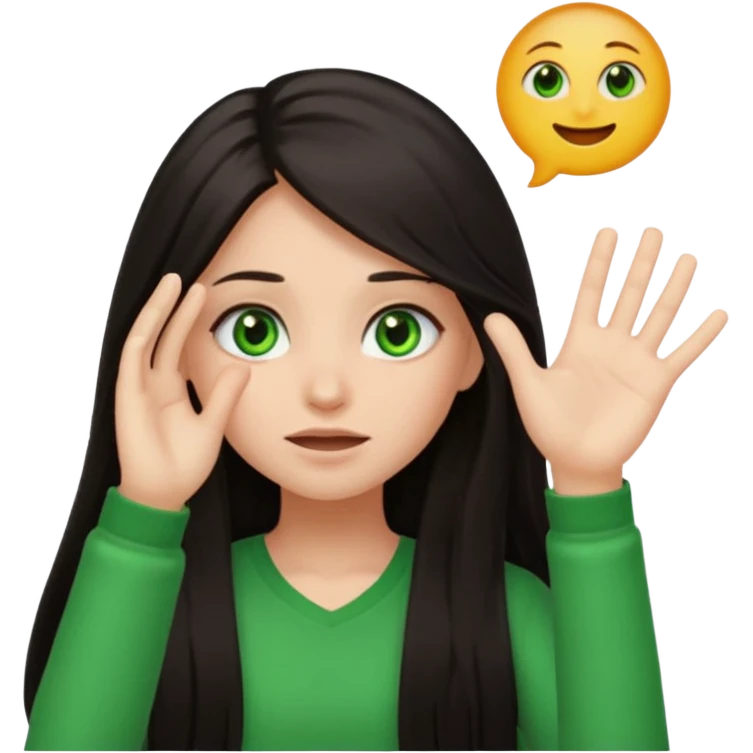 Animated girl dark long hair green eyes emoji with duh facial expression ,one hand on top of her head emoji