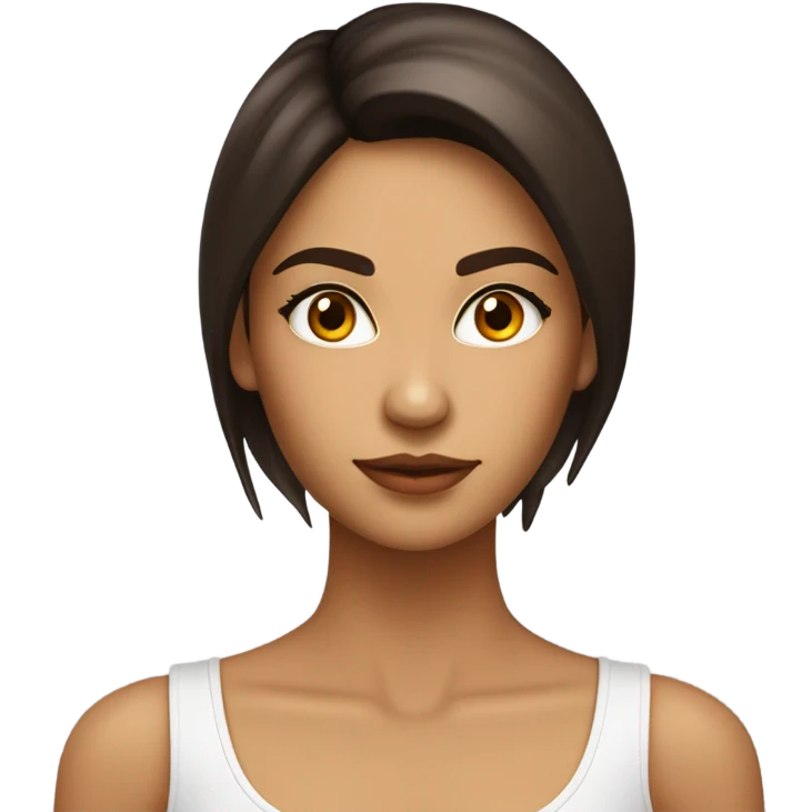 Chica morena de piel con pelo castaño oscuro listo y largo. Cara delgada, ojos marrones oscuros y labios carnosos. . Delgada . Top blanco.  emoji