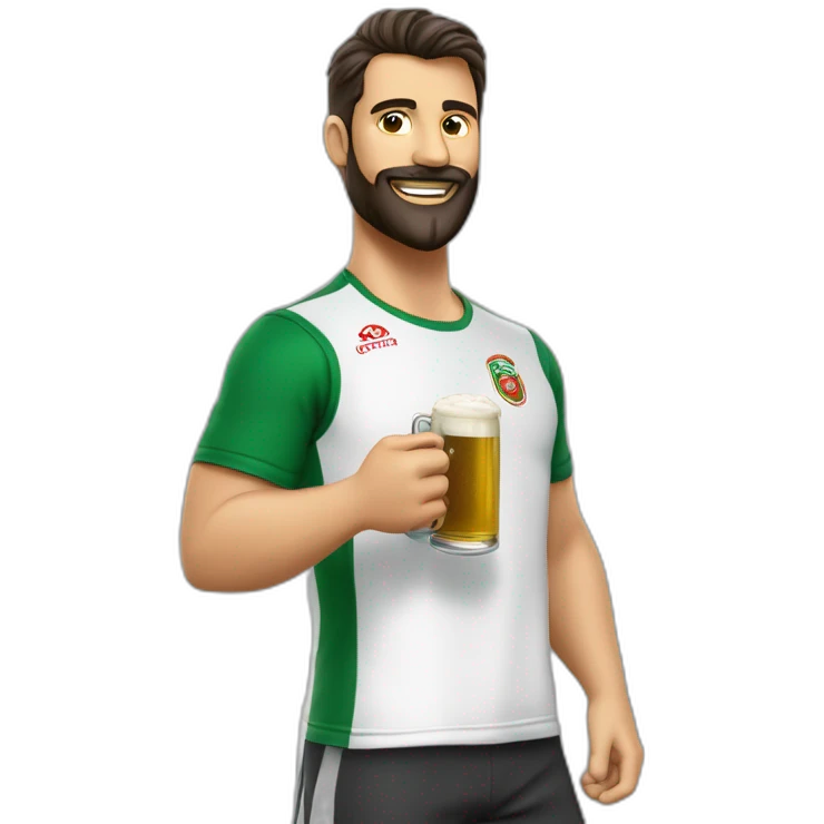 Hombre moreno con barba tomando cerveza con una camiseta del Córdoba C.F emoji