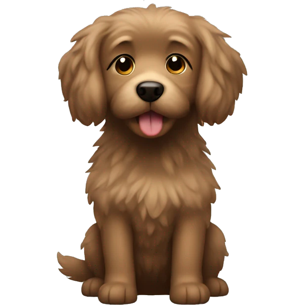 Small brown dog turning grey with fluffy hair and a light brown teddy in its mouth emoji