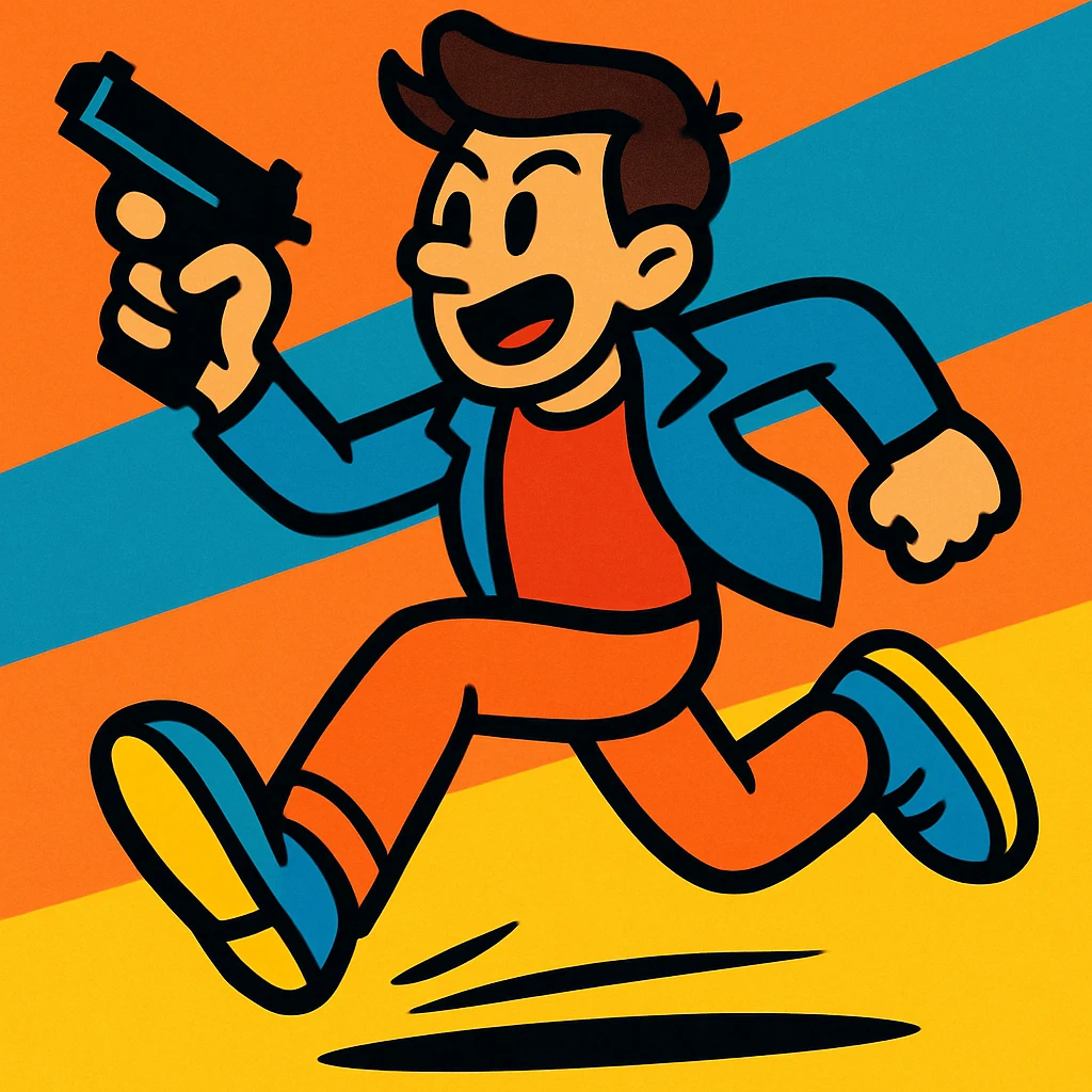 a guy running with a gun in his hand, vibrant cartoon style emoji