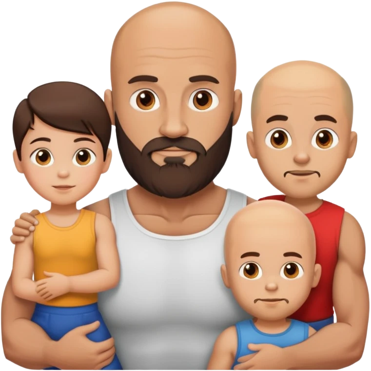 Muscular Bald man with a beard with his young beautiful brunette wife and their 3 sons emoji
