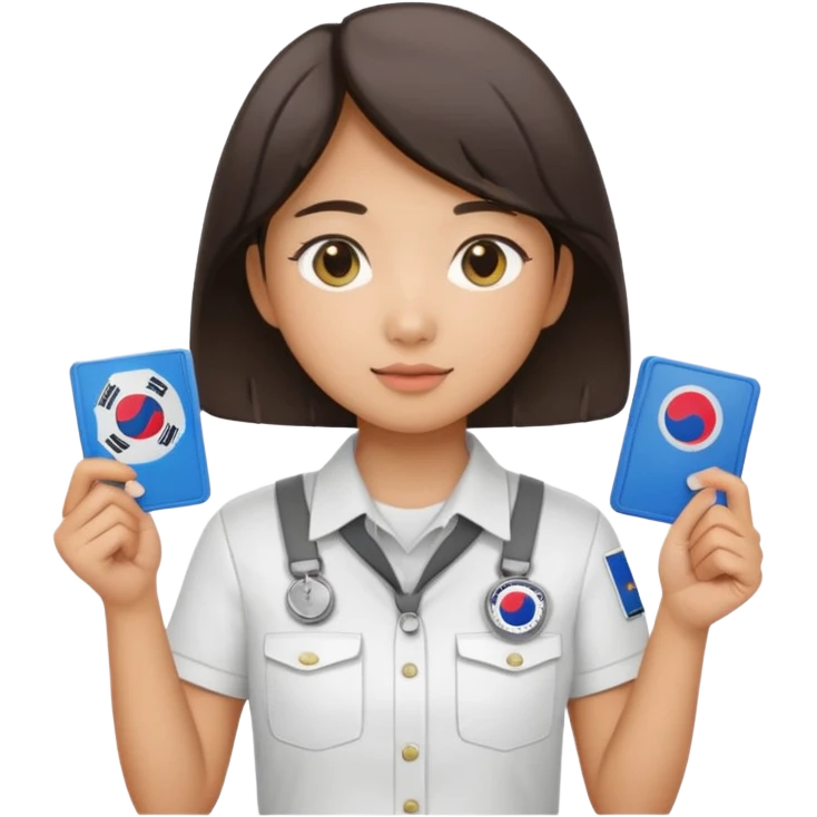 A young Asian guide holding her tour license in both hands, wearing a white shirt with the South Korea badge on her chest. emoji