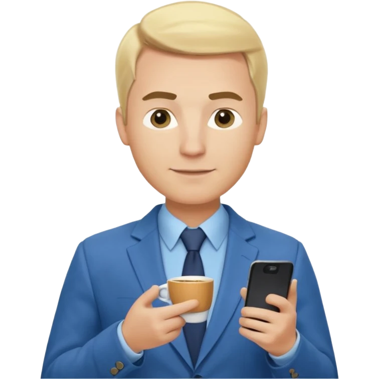 Confident male entrepreneur, Caucasian features, blonde hair, defined eyebrows, slight smile, wearing blue blazer over light blue shirt, holding a smartphone in one hand and a coffee cup in the other, waist-up, front-facing emoji