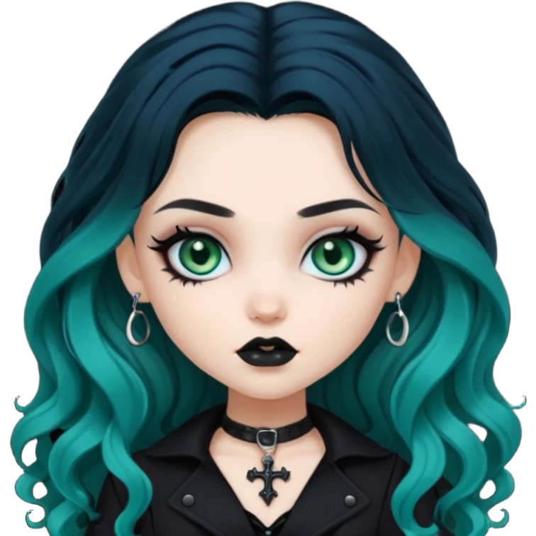 goth bratz baddie, beautiful blue-green eyes, long wavy hair, black gothic hair styled, black goth clothes emoji
