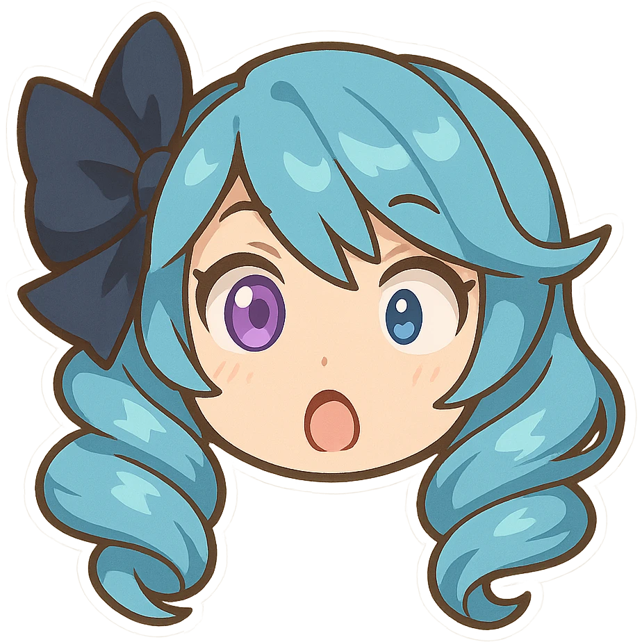 chibi emote of Gwen from League of Legends, only the head, right eye purple, borderless, surprised expression emoji