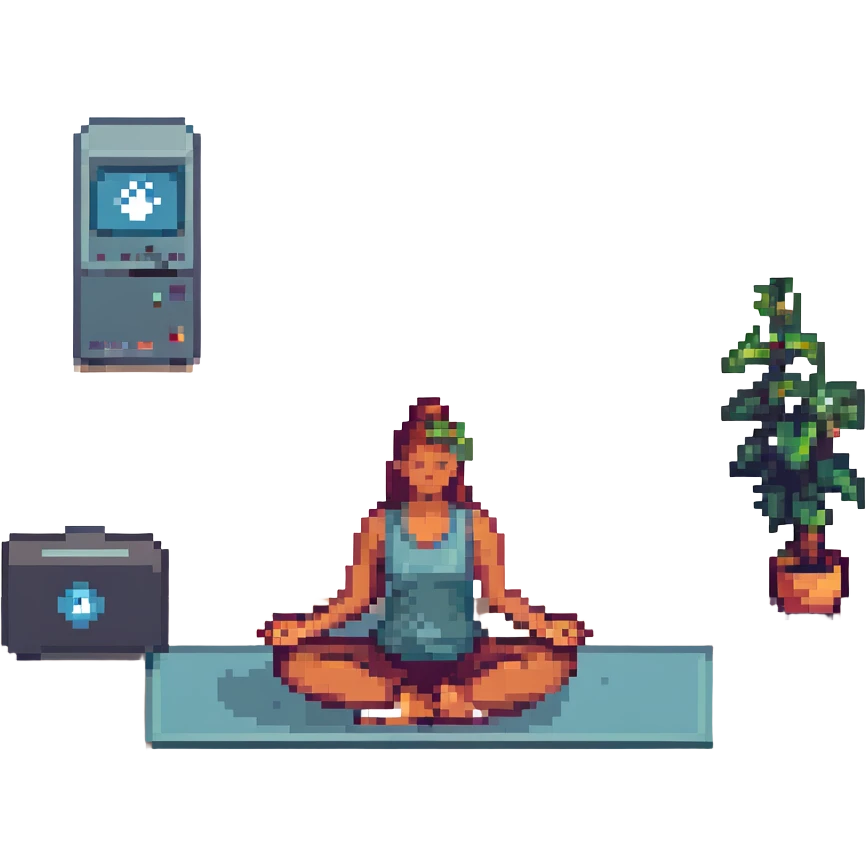 a computer doing yoga, pixel art style emoji