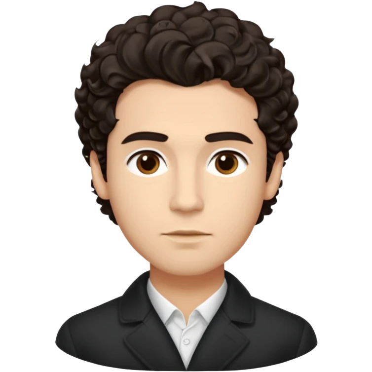 He’s a man with light to medium skin, a defined oval face, full brows, deep-set eyes, and wavy short dark brown tall puffy hair styled with height, sides are trimmed. expression calm and focused relaxed black open-collar .polished, articulate, and coach vibe. emoji